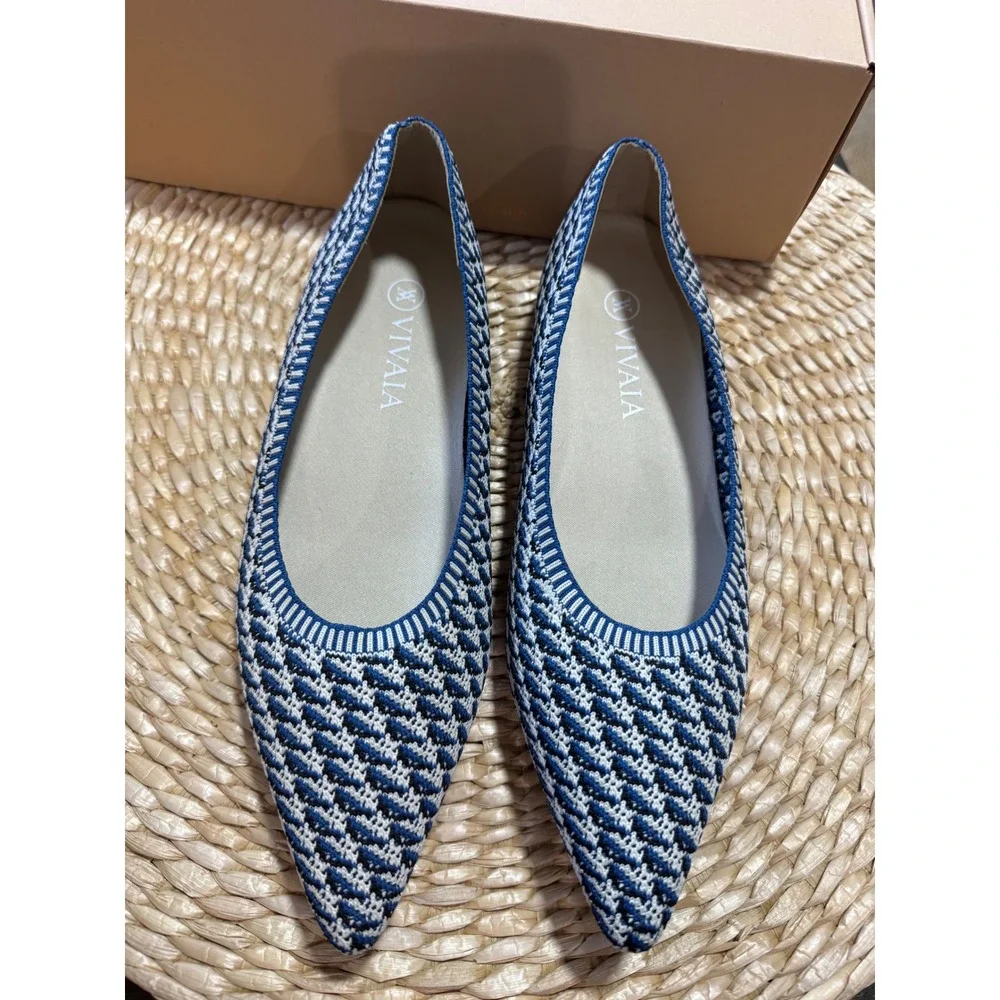 VIVAIA Pointed-Toe Knit Ballet Flats Blue & White Comfortable Chic‎ Shoes 9.5